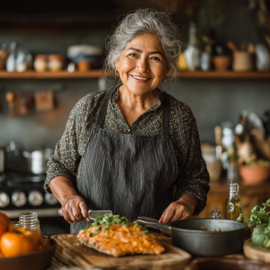 Grupo de adultos mayores compartiendo comida saludable